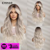 Emmor Synthetic Long Wavy Wigs With Bangs For Women Cosplay Natural Ombre Black To Light Blonde Hair Wig High Temperature Fiber