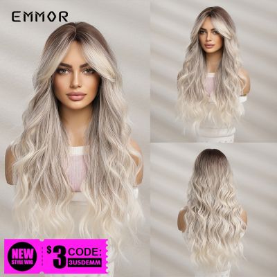 Emmor Synthetic Long Wavy Wigs With Bangs For Women Cosplay Natural Ombre Black To Light Blonde Hair Wig High Temperature Fiber