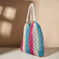 Fashion Handicraft Cotton Rope Weaving Holiday Color Stitching Shopping Bag Hollow Fishing Net Square Handbag 〖WYUE〗