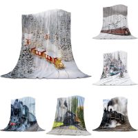 2023 Steam Train Snow Landscape Retro Flannel Blanket for Bed Sofa Couch Portable Super Soft Fleece Throw King Queen Size Lightweight