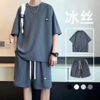 【hot seller】 silk short-sleeved t-shirt suit mens summer thin casual sports a set of matching clothes T-shirt