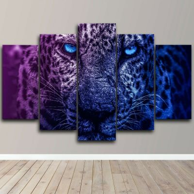เสือดาวตาสีฟ้าธรรมชาติพิมพ์ผ้าใบผนังศิลปะตกแต่งบ้าน5แผง HD ภาพวาดรูปภาพโปสเตอร์ประดับห้อง