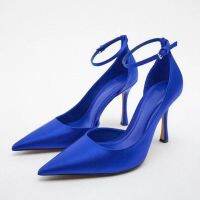 2023 spring new Zaraˉniche pointed toe high-heeled blue stiletto French sexy female Muller sandals