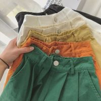 Womens Summer Shorts Korean Style Candy Solid Color Cotton Casual Wide Leg Bermuda Shorts Button Fly High Waist Shorts Women