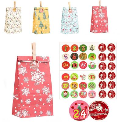 Christmas Kraft Paper Bag Set Paper Storage Gift Bag Digital Sticker with Calendar Candy Bag