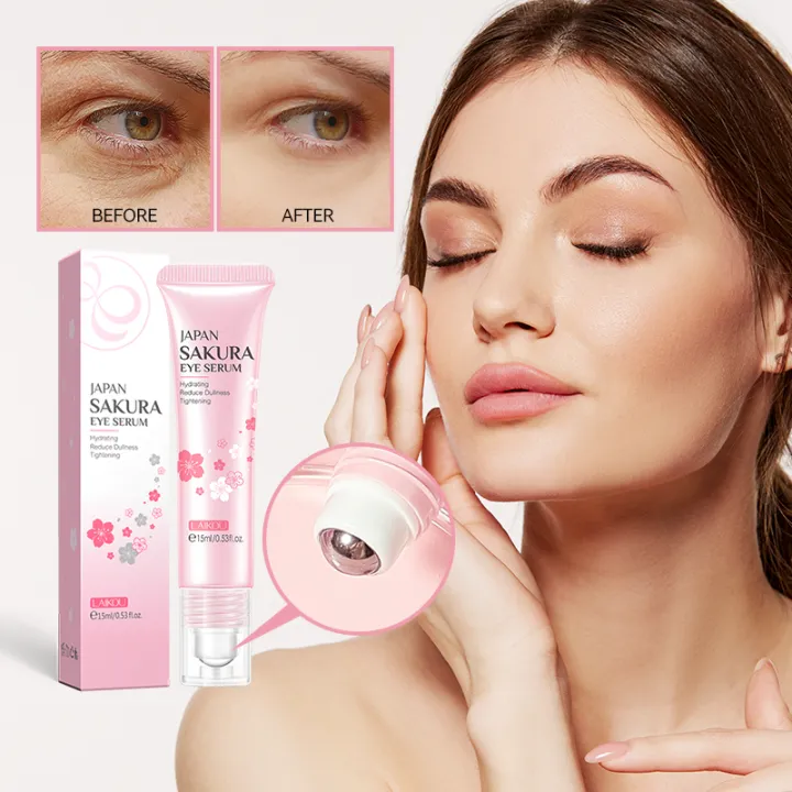 LAIKOU Sakura Eye Serum Essence Roller Moistruizing Remove Dark Circle Eye Bag Eye Cream For Puffiness Fine Lines 15ml