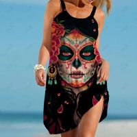 Fashion Party Dress For Women Summer Gothic Horror Skull Print Vintage Dress Casual Lady A-Line Dress