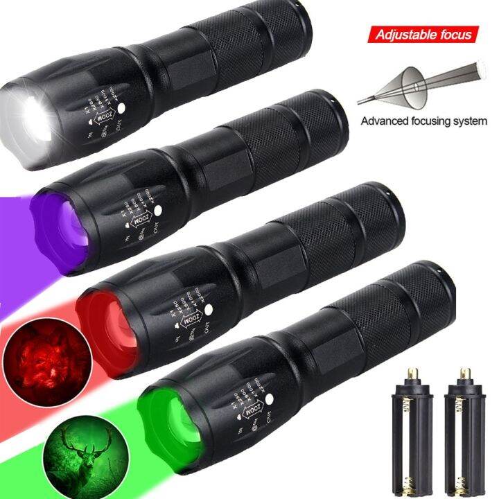 ultra-bright-a100-zoomable-uv-flashlight-tactical-green-red-white-uv-395nm-waterproof-torch-aaa-18650-powered-lantern-hand-lamp-rechargeable-flashligh