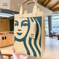 ALYSSA ถุงกาแฟ Starbucks กระเป๋าผ้าใบพิมพ์ลายกระเป๋าถือผ้าใบกระเป๋าคุณแม่แบบพกพากระเป๋าใส่ข้าวกลางวันคราฟท์ Pape ถุงช้อปปิ้งกระเป๋า