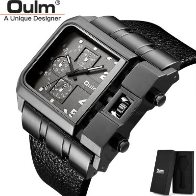 OULM 3364ออกแบบที่ไม่ซ้ำกันผู้ชายนาฬิกาข้อมือหน้าปัดขนาดใหญ่ทหารนาฬิกาหนังแท้นาฬิกาควอตซ์ผู้ชาย Relógio Masculino