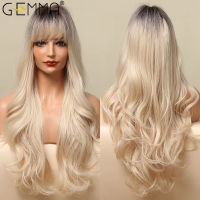 GEMMA Long Water Wave Ombre Black Blonde Synthetic Wigs with Bangs for Women Cosplay Daily Party Wig High Temperature Fiber Hair