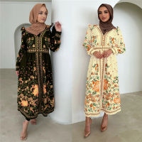 Eid Mubarak สำหรับ2023มุสลิม VINTAGE พิมพ์ดอกไม้ซาติน Maxi ตุรกี Kaftan อาหรับ PARTY ดูไบอิสลามชุด Robe ภาพ