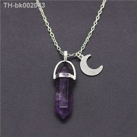 ◐ Fashion Purple Crystal Amethyst Stone Silver Color Moon Pendant Necklace for Women Men Wiccan Witch Magic Jewelry Gifts