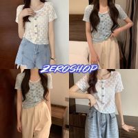 Zero shop?พร้อมส่ง? (Zero-67100) เสื้อแขนสั้นไหมพรม ลวดลายดอกไม้น่ารักผ้าซีทรูเบาบางใส่สบาย