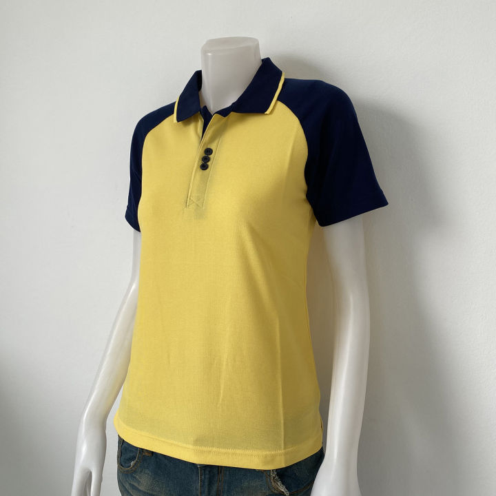 polo-shirt-แบบหญิง-สีเหลืองแขนกรม-แบบแขนปล่อย-เนื้อผ้านุ่ม-สวมใส่สบาย-มีแบบหญิง-ทรงเข้ารูป-ส่วนแบบชาย-มีกระเป๋าที่หน้าอก