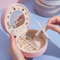 Portable Jewelry Organizer Display Travel Jewelry Case Boxes Round Jewelry Box With Mirror Leather Storage Earring Ring Holder