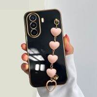 สำหรับ Huawei Nova Y70ปกหลังพร้อมสร้อยข้อมือหัวใจความรักสีชมพูแฟชั่นหรูหราชุบ6D ซิลิโคนนิ่มผู้หญิงหญิงสาวเคสมือถือ