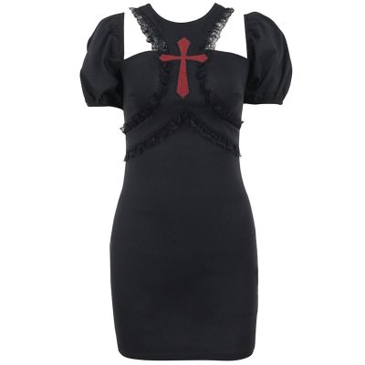 Gothic Black Dress สำหรับผู้หญิงแขนสั้นพัฟชุด Vintage สำหรับ Cross Mini Dress เซ็กซี่ Bodycon ชุดราตรี Dres