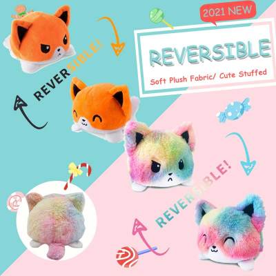Reversible Cat Dog Plushie Stuffed Animal Mood Plush Double-Sided Flip  Colorful and Orange  Show Your Mood Without Saying A Word