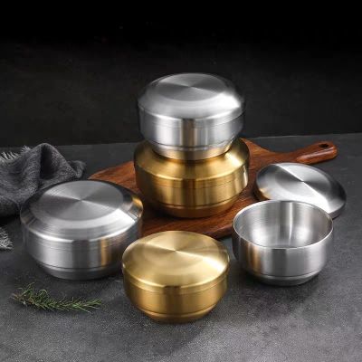 304 Korean Stainless Steel Double Rice Bowl With Lid Soup Bowl Steamed Rice Bowl Anti-Scalding Child Small Bowl Korean Cuisine