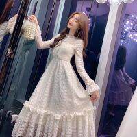 Pink Girl white dress lace hollow autumn and winter new fairy temperament waist maxi korean dress