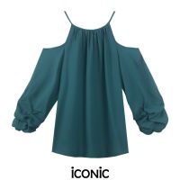 iCONiC DARK GREEN SEXY MGNUM TOP #0479 เสื้อผญ สีเขียวเข้ม อก44" ยาว25" เปิดใหล่ ผ้าไหมชีฟอง เสื้อแฟชั่น เสื้อผ้าผญ  เสื้อทำงาน เสื้อชีฟอง