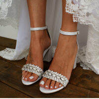 Ladys Summer Sandals Chunky Thick Heels White Ivory Shoes with Light Gold Crystal Trim Ankle Strap Wedding Party Prom Club