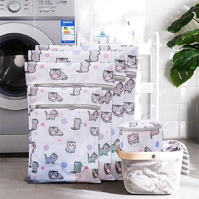 【YF】 Cartoon Cat Printing Laundry Bag for Washing Machines Lingerie Wash Bags Foldable Dirty Clothes Bra Underwear Basket