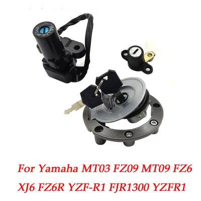 ● ที่ MT09 FZ09 MT03ของยามาฮ่า FZ6 XJ6 FZ6R YZF-R1 FJR1300 YZFR1สวิทช์ไฟจุดระเบิดจักรยานยนต์ชุดฝาถังน้ำมันเชื้อเพลิงกุญแจล็อคที่จับที่นั่ง