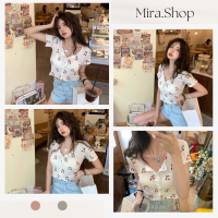 Mira.shop เสื้อครอปกระดุม แขนสั้นลายเชอรี่น่ารักสดใสรับหน้าร้อน เสื้อผ้าแฟชั่น 8852#