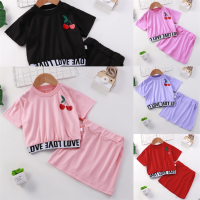 Children Cute Printed Short Sleeves + Pure Color Skirt Fashion Clothing Sets Girls Kids Casual Trend Suits New Korean Style Girl Sweet Short Tops Simple Summer Wear Two-Pieces For 1-8 Years Child Outfit