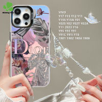 เคสสำหรับ VIVO Y17 Y15 Y12 Y11 Y95 Y15S Y15A Y01 Y02A Y11เคสโทรศัพท์ไล่เฉดสีหลากสี Y02S Y16 Y93 Y91 Y91C Y02 Y02T 1901 1902 1904 1906หรูหราผีเสื้อดอกไม้แข็งกันกระแทก TPU แบบแข็ง + สายคล้อง