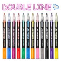 8Pcs/12Pcs/24Pcs Color Double Line Outline Art Marker Pen Scrapbook Poster Cards Painting Drawing Graffiti Glitter Highlighter