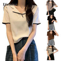 Yfashion เสื้อยืดถักแบบสวมหัวสำหรับผู้หญิง Lengan Pendek Musim Panas ขาตั้งกล้องเสื้อสตรีคอปกหรูหรา