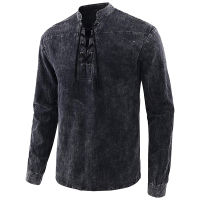 Mens Retro Lace-up V-Neck Long Sleeve T-Shirts Tops Fashion Stand Collar Clothes Shirt Autumn Spring Men Wear Clothing