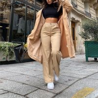 Hugcitar 2020 High Waist Solid Zip Up Botton Wide Leg Pants Autumn Winter Women Fashion Streetwear Casual Trousers