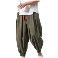 Mens Trousers Japanese Cotton Linen Cropped Pants Loose Wide-Legged Pants Plus Size Casual Pants Pantalones Hombre