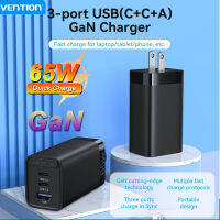 Vention 65W เครื่องชาร์จ GaN Type C ที่ชาร์จสำหรับเดินทาง3พอร์ต USB PD ชาร์จเร็วพร้อม QC 4.0 3.0สำหรับไอโฟนหัวเหว่ย Xiaomi Samsung แล็ปทอปแมคบุ๊ค