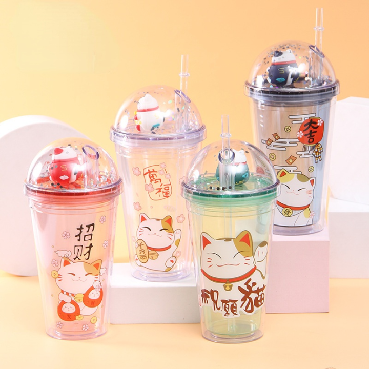 water-cup-plastic-coffee-drinking-cup-double-summer-ice-cup-cartoon-plastic-creative-lucky-cat-juice-refrigerated-straw-cup