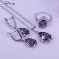 【lz】✾♠  Big Water Drop Praça Set Jóias nupcial cristal roxo cor prata brincos e colar muitas cores