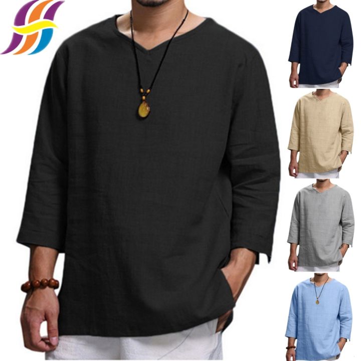 SHUNAICHI】 Men's Cotton Linen Henley Shirt Casual 3/4 Sleeve Wedding Yoga  Shirts Loose Fit Hippie Beach T Shirts with Rolled up Sleeve