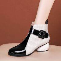 COD dsdgfhgfsdsss [Spot] New middle heel fashion soft leather Martin fleece womens boots