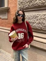 Spot parcel post Miao Zhou 96 Affixed Cloth Embroidered American Crew Neck Pullover Sweatshirt Womens Spring and Autumn Loose Shoulder Long-Sleeved Top