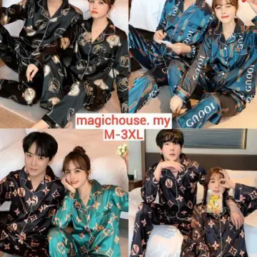 Women Silk Satin LV print Short Sleeve Pyjamas set Baju Tidur Sleepwear  Pajamas Suit