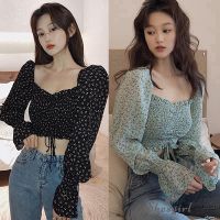 Fashion Tops Square Collar y Korean Top Pleated Small Floral Print Chiffon Crop Top oversized shirt