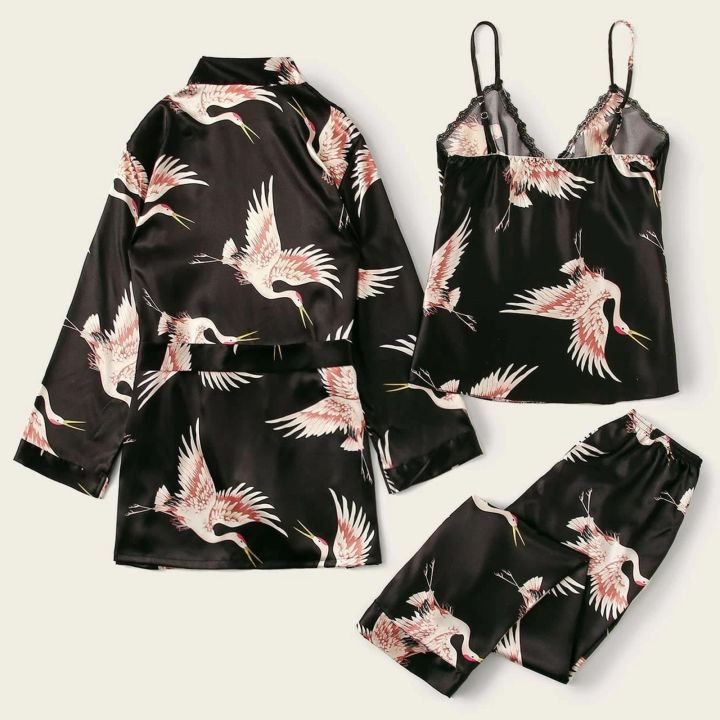 cos-imitation-ชุดนอนผ้าไหมซาตินผู้หญิง-flamingo-พิมพ์-nightdress-v-คอเซ็กซี่ชุดชั้นใน-robes-loungewear-ชุดนอนภายใต้สวม3ชิ้น-sale