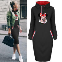 Mickey Women Dress Cartoon Print Fake Pocket Long Sleeve Thin Bodycon Dresses Casual Vintage Summer Party Vestidos