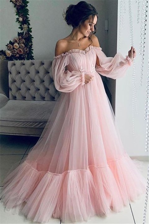 Elegant Off-Shoulder Ball Gown Women Pink Slash-Neck Comfort Mesh Formal Dress Bridesmaid Clothing Blue Floor-Length Party Robes