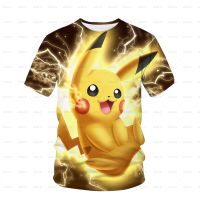 【LZ】℗☄  Camiseta de manga curta Pikachu infantil gola redonda 3D anime japonês legal nova verão camisa para meninos e meninas 2023