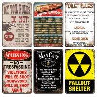 Vintage FALLOUT SHELTER CAUTION BIOHAZARD Metal Tin Plat Sign Retro FAMILY TOOL TOILET RULERS Door Signs Living Room Home Decor